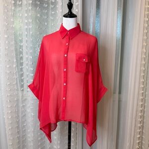 Akualani Vibrant Sheer Coral Red Button Down Shirt